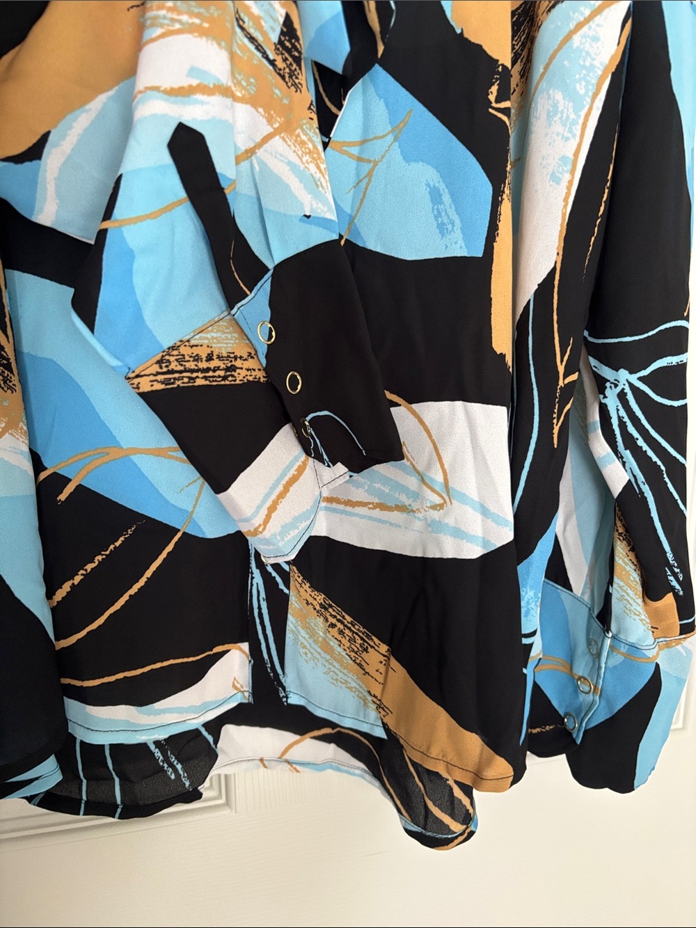 Worthington Black/Blue Button-Down Tie-Neck Blouse - Picture 3 of 5